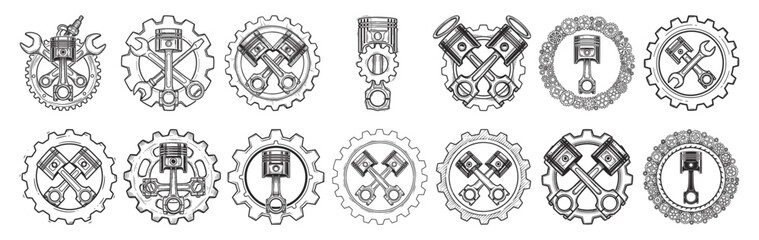 Monochrome automotive logo templates with crossed pistons and gears. A set of industrial-style icons for mechanic and engineering concepts