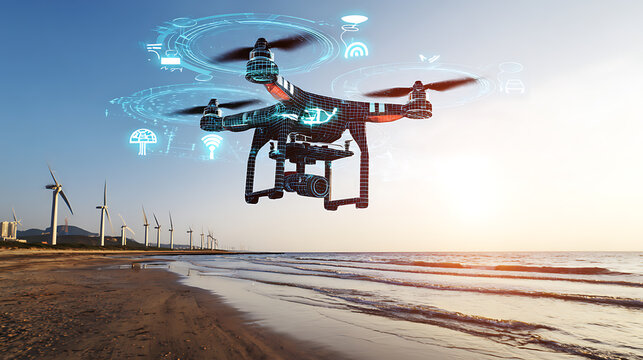 Drone with digital interface hovers over beach near wind turbines at sunset
