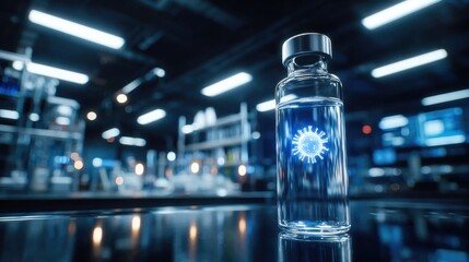 High-tech laboratory with a glass vial displaying a virus hologram, suggesting medical research or biotechnology innovation.