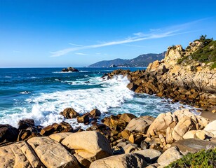 Coastal rocks and waves on a sunny day