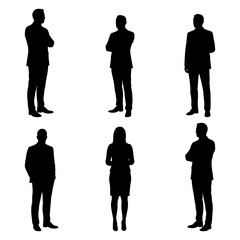 Dynamic collection of diverse business people silhouettes standing in various professional poses, perfect for corporate designs and architectural project visualizations