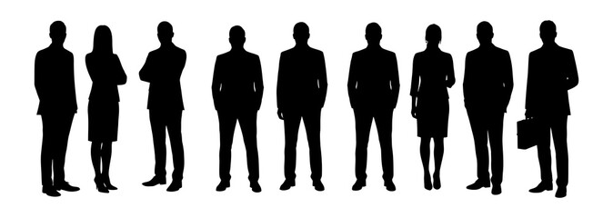 Group of diverse business professionals standing in a line, showcasing teamwork and corporate identity in a modern setting