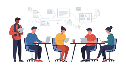 Business team collaborating on data analysis presenting insights in a modern office ideal for showcasing teamwork and strategic development.