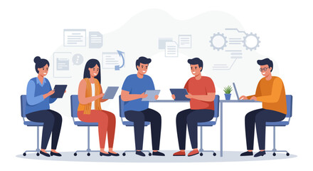 Business team collaborating sharing ideas on tablets around a table in a modern office illustrating teamwork communication  corporate development.