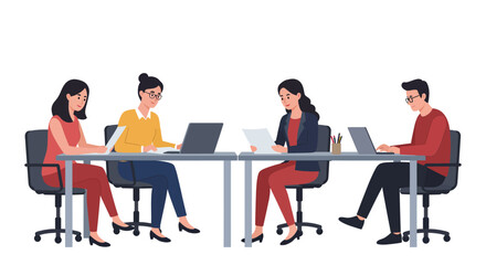 Business team collaborating on projects using laptops and analyzing documents in a modern office symbolizing teamwork and corporate strategy