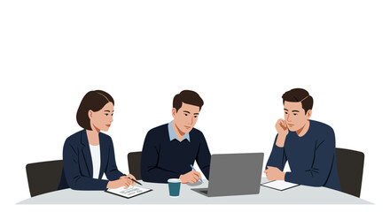 business team collaboration three professionals brainstorm around a laptop at the office illustrating teamwork office productivity  project strategy