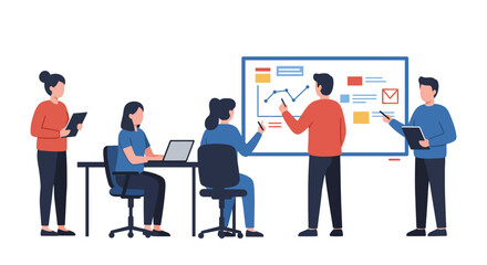Business team collaboration presenting growth charts on a whiteboard analyzing data in a meeting for illustrating teamwork  project management.