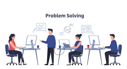 business team problem solving colleagues collaborate at computers in an office illustrating teamwork and creative solutions for corporate growth.