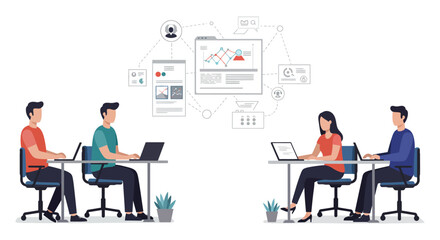 business team working on laptops analyzing data charts and graphs collaborating on a marketing project in an office environment