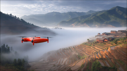 Red drone flying over misty terraced fields and mountain village