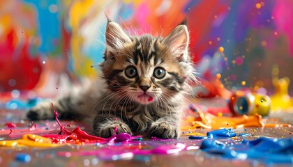 Adorable kitten amidst vibrant paint splatters