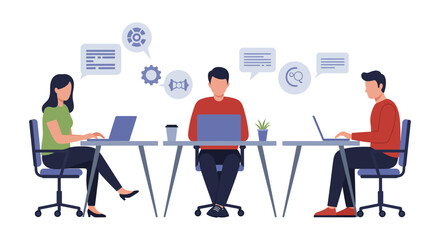 Teamwork concept professionals collaborating on laptops at desks fostering communication and ideas in modern office perfect for business blogs.