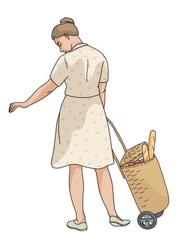 women with grocery trolley vew from behind