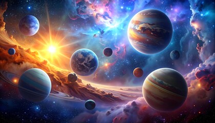 Colorful celestial bodies in space
