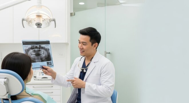 dentist explaining x-ray result to patient in modern dental office. healthcare professional wearing white coat, discussing dental treatment. dental care, medical consultation, clinic interior.