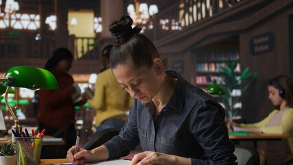 Librarian completing notes on learning materials to help students with academic success, preparing for private lessons in the library. Pedagogy expert promoting literacy and studying. Camera A.