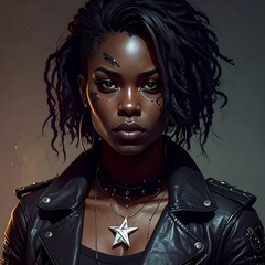 Woman in leather jacket, intense stare