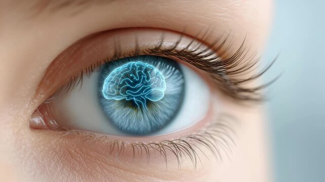 Close up blue human eye with glowing iris and digital brain illustration symbolizing intelligence mental focus and advanced digital intelligence