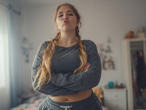 Blonde teenager girl pouting and crossing arms in bedroom