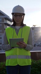 Woman engineer wearing safety hard hat and vest holding digital tablet while inspecting a construction site at sunrise in early morning, front vertical view. Architecture concept
