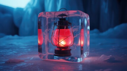 Glowing red lantern encased in clear ice block with blue icy background and snow