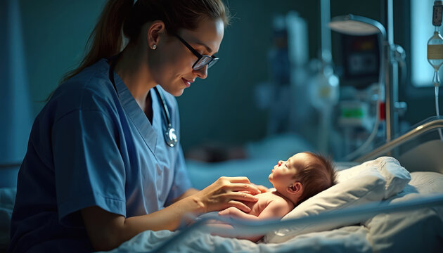Neonatal nurse provides tender care to premature infant in hospital incubator. Medical pro monitors newborn baby health, well-being in intensive care unit. Doctor performs clinical exam with nursing