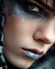 A close-up of an androgynous individual exuding a bold, futuristic vibe with metallic lipstick and intense eyes.