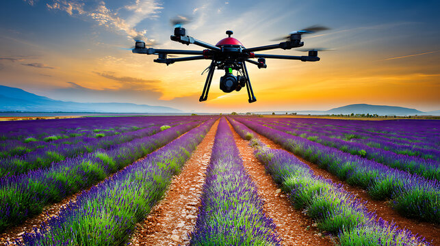 Drone flying over a lavender field at sunset - Powered by Adobe