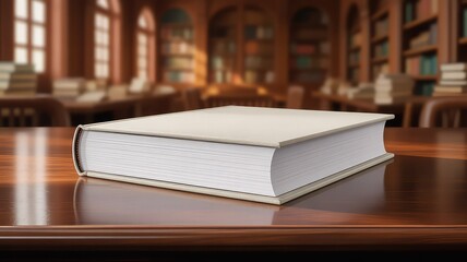 Fototapeta premium A thick closed white book rests on a polished wooden table in a grand library with blurred bookshelves in the background