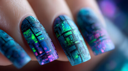 Vibrant, pixel-inspired nails evoke a sense of futuristic allure and creativity.