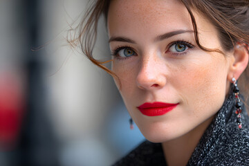 A stunning half-face portrait capturing the allure of vibrant red lipstick, framed by soft hair and expressive gaze.