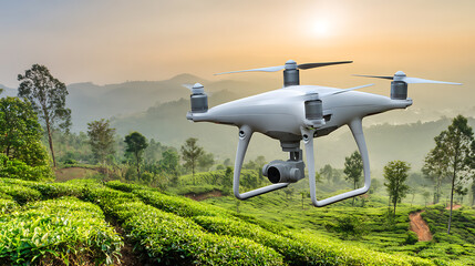 Drone flying over lush green tea plantations in a mountainous landscape at sunrise