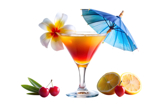 Tropical cocktail with flower cherries and lemon slices cutout png isolated on a transparent background - Powered by Adobe