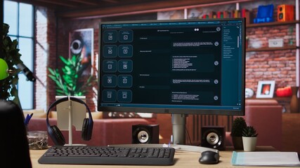 AI LLM chatbot on computer screen in home office designed to understand human language. Artificial intelligence chatbot on monitor trained on data enabling it to perform complex tasks, panning shot