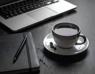 A laptop, coffee cup, and notebook on a dark wooden table