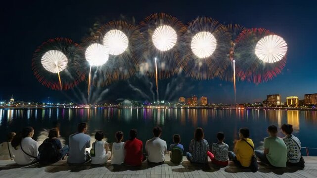 Fireworks Spectacle: Awe-struck onlookers observe the breathtaking fireworks display over the tranquil waterfront. Exploding bursts of light paint the night sky with ephemeral beauty.