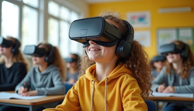 Children wearing VR headsets in classroom for virtual reality lesson. Students engage with innovation and futuristic education using technology equipment for learning and simulation.