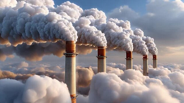 Emissions and Environment: Towering smokestacks spew plumes of thick smoke into a turbulent sky, creating an impactful visual of industrial emissions.