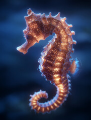 Orange seahorse swimming in dark blue water