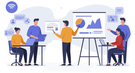 business team presenting data insights collaborating on strategy in modern office ideal for corporate presentations  business success themes