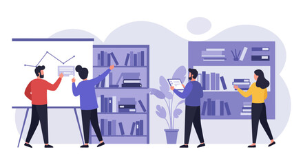 business team planning strategy on a whiteboard  analyzing data on shelves in a modern office illustrating teamwork and project management.