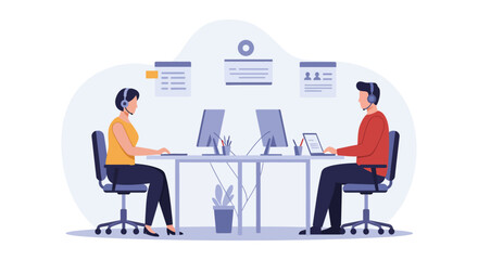 Customer service team working at desks with headsets on providing support and assistance in an office environment ideal for illustrating help desk operations.