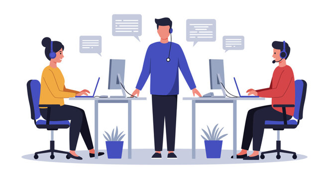 Call center team working with supervisor at desks providing customer support and client assistance perfect for illustrating teamwork and efficient communication.