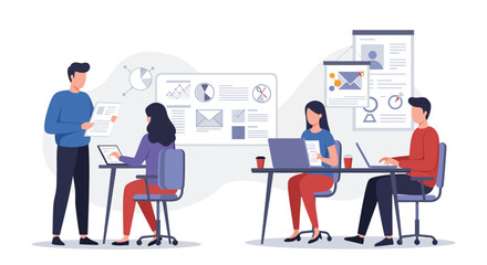 Team in office working on data analytics collaborating on laptops and documents in a bright modern workspace ideal for illustrating business strategy
