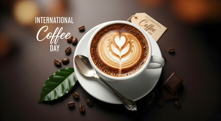 Delicious international coffee day latte art with coffee beans and spoon on a dark background