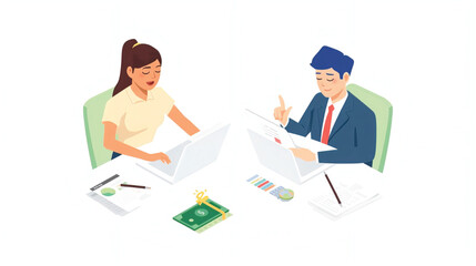 Vector art of two people working on laptops at a table