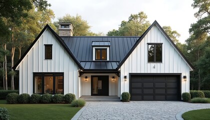 Obraz premium Modern farmhouse residence exterior features white vertical siding, black metal roof, stone chimney. Inviting driveway leads to garage, charming entrance with elegant windows, surrounded by rich