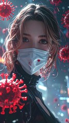 Woman in mask, surrounded by virus