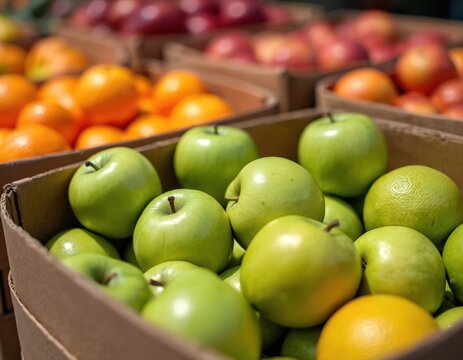 Fresh green apples, vibrant oranges in cardboard boxes at market. Assortment of organic produce offers natural nourishment, fiber, citrus flavors for healthy lunches, salads, desserts. Bulk selection