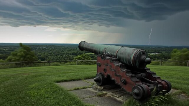 Antique cannon on a hilltop overlooking a landscape, dramatic storm clouds overhead.